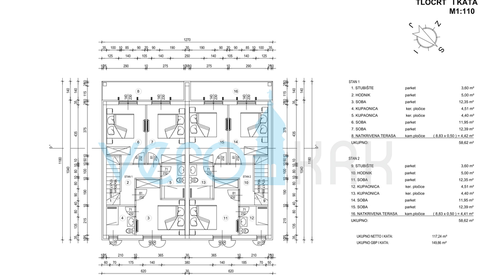 Krk, Linardići, teren 2048m2, projekt za resort, tri vile, prodaja